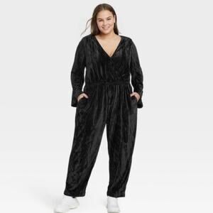 NWT Black Velvet Bell Sleeve Jumpsuit with Pockets
